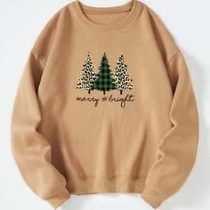 Khaki & Black Tree Trio 'Merry & Bright' Crewneck Sweatshirt/NWT/L